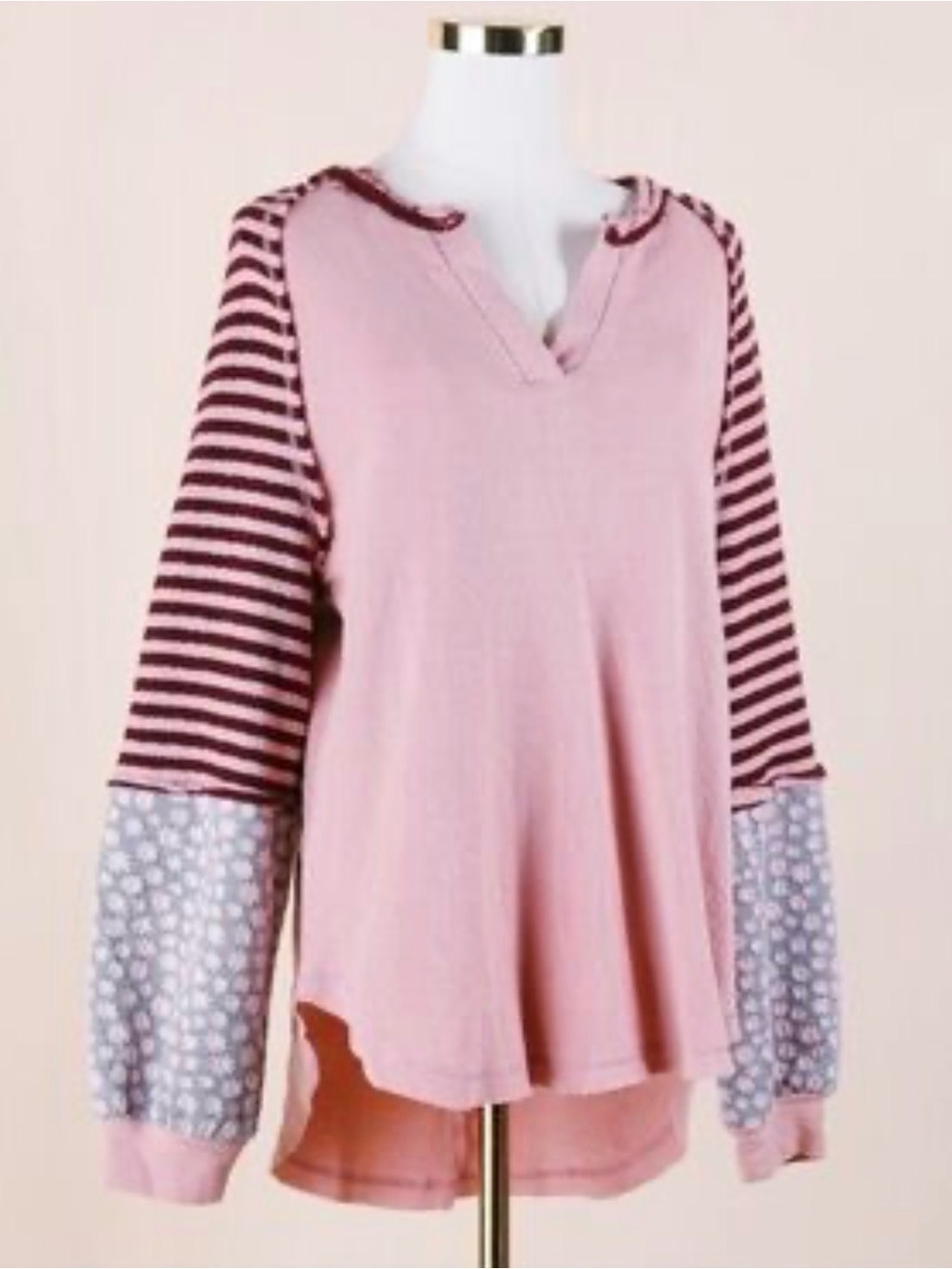 Very J Dusty Pink Ribbed Henley Top with Contrast Trim